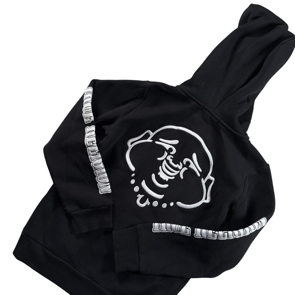 True Religion Zip Up Hoodie Boys Medium Black Good Buddha Graphic Sleeve Logo